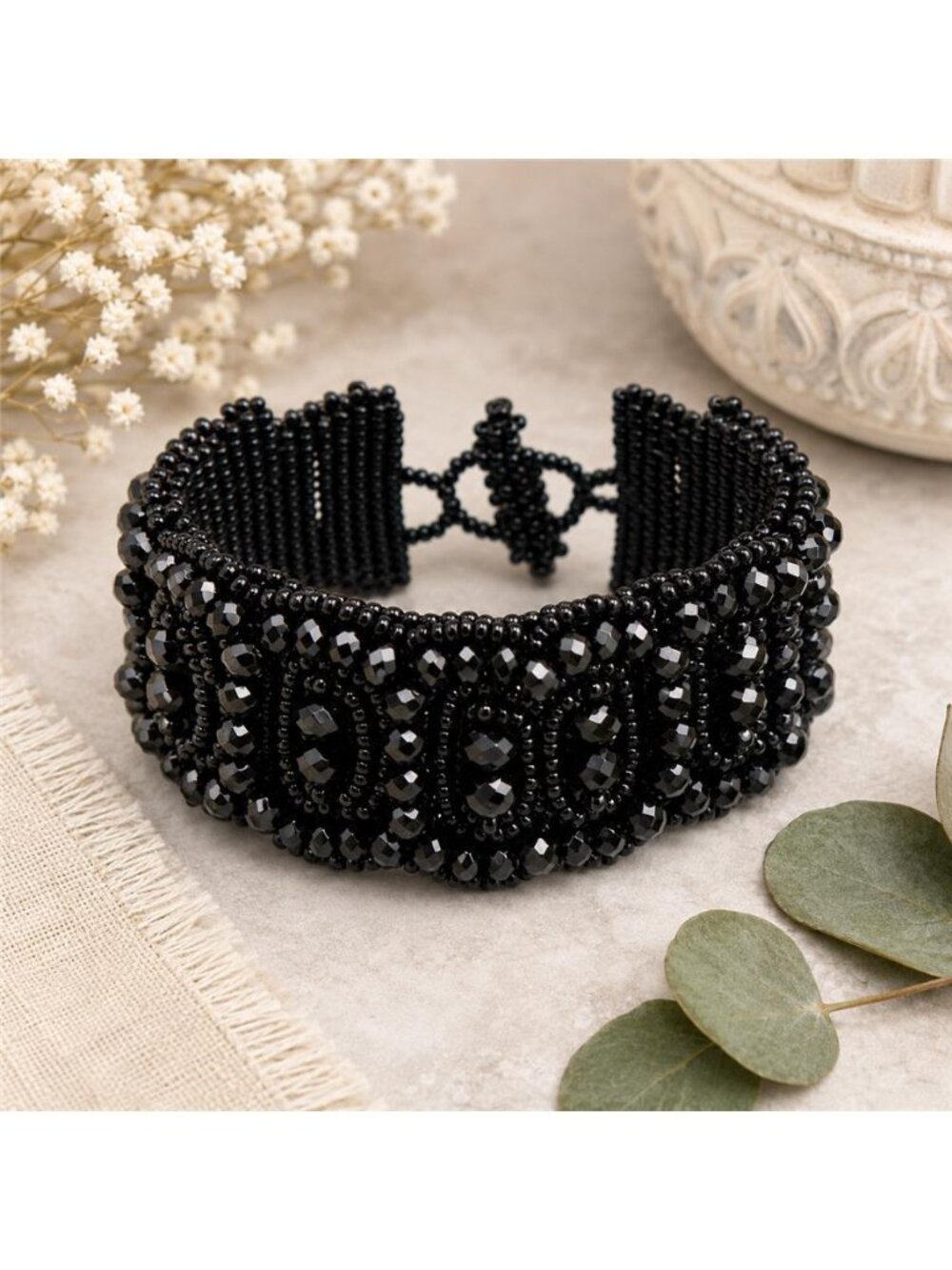 Black Crystal Seed Bead Woven Cuff Bracelet 6.5 In Toggle Clasp Boho Statement